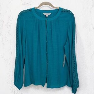 Counterparts Teal Button-Up Blouse with Crochet Sleeves Size L